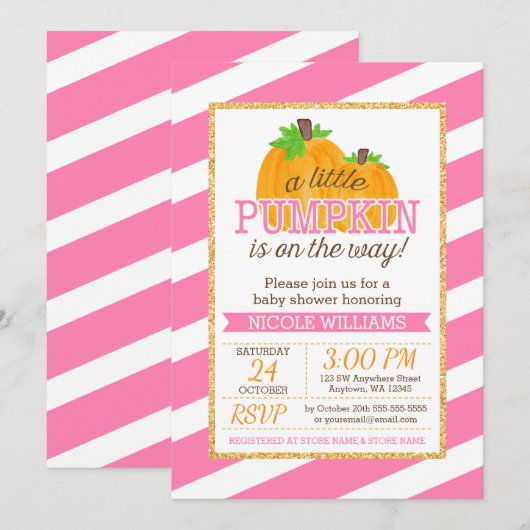 Invitation Pink Stripes Gold Little Citrouille Baby shower d' (Devant / Derrière)