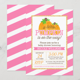 Invitation Pink Stripes Gold Little Citrouille Baby shower d'