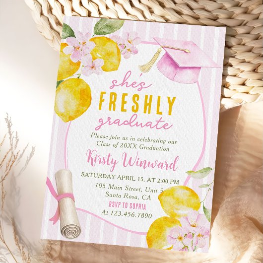 Invitation Pink Stripes Lemons and Flowers Graduation