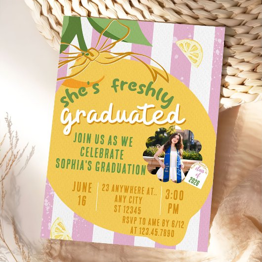 Invitation Pink Stripes Lemons Photo Graduation Invitat