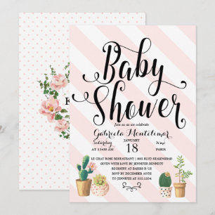 Invitation Pink Stripes Love Grows Sweet Cactus Baby shower