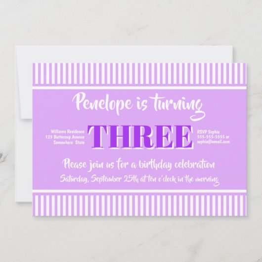 Invitation Pink Stripes Purple 3e fête d'anniversaire (Devant)