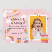 Invitation Pink Stripes Rainbows et Cake Anniversaire (Devant / Derrière)