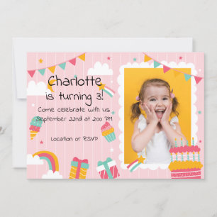 Invitation Pink Stripes Rainbows et Cake Anniversaire