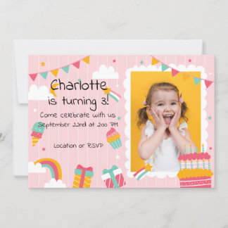 Invitation Pink Stripes Rainbows et Cake Anniversaire