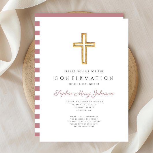 Invitation Pink Stripes Religious Cross Girl Confirmation