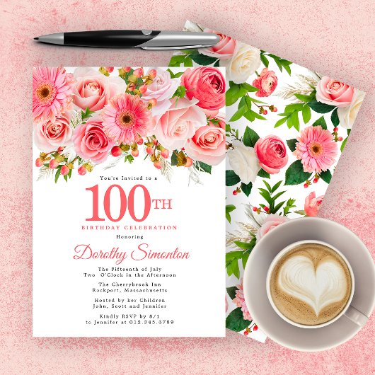 Invitation Pink Summer Floral Joli 100e anniversaire