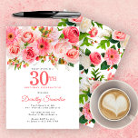 Invitation Pink Summer Floral Joli 30e anniversaire<br><div class="desc">Roses, pivoines et chaises créent un joli design floral rose estival. Les bourgeons et le feuillage ajoutent une ambiance rustique. Le 30ème est écrit dans un grand texte en gras. Il peut être modifié pour n'importe quelle année. Le nom du célébrant de l'anniversaire est écrit dans une police de caractères...</div>