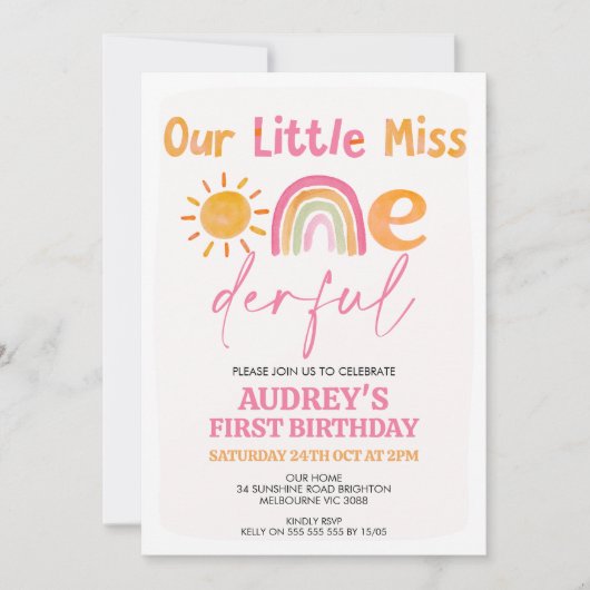 Invitation Pink Sun Rainbow Miss Onederday 1er anniversaire (Devant)