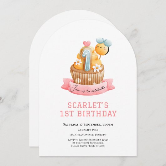 Invitation Pink Sunshine Cupcake 1st birthday (Devant / Derrière)