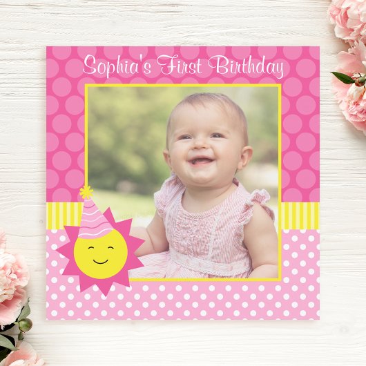Invitation Pink Sunshine Polka Dot 1er Anniversaire Photo