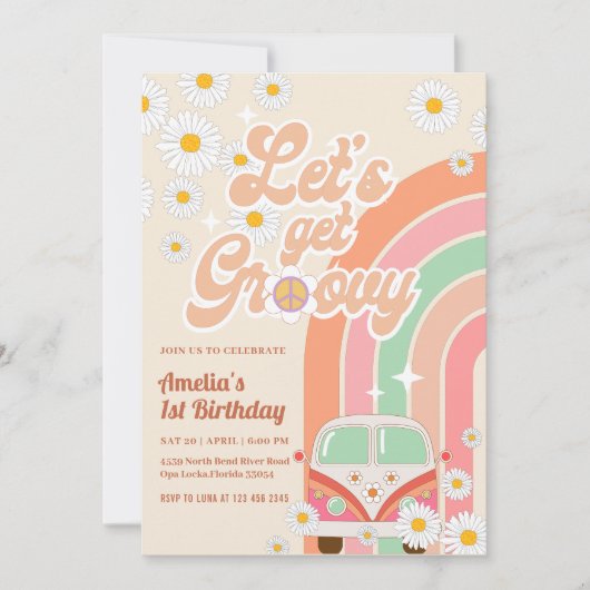 Invitation Pink Super Van Daisy Rainbow Hippie Anniversaire (Devant)