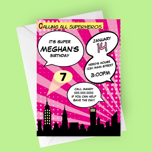 Invitation Pink Superheros Comédie Livre Styled Anniversaire