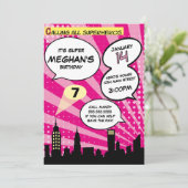 Invitation Pink Superheros Comédie Livre Styled Anniversaire (Debout devant)