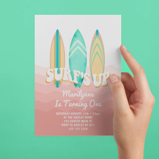 Invitation Pink Surfs Up Surboard 1er anniversaire