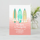 Invitation Pink Surfs Up Surboard 1er anniversaire (Debout devant)