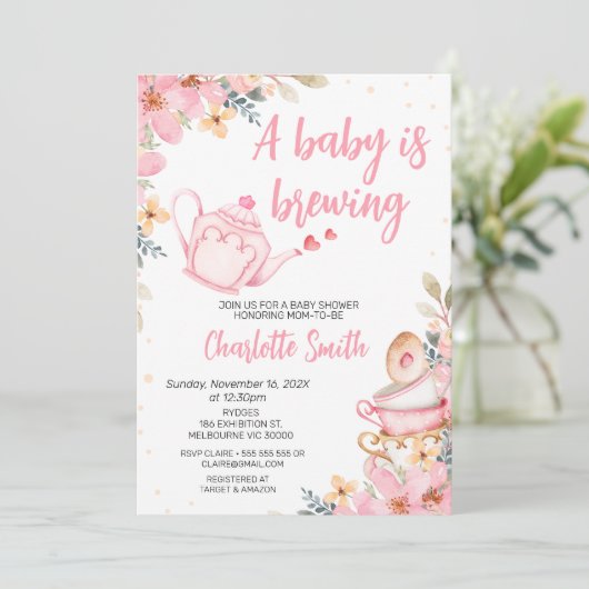 Invitation Pink Teapot Floral Baby est en train de brasser Ba (Debout devant)