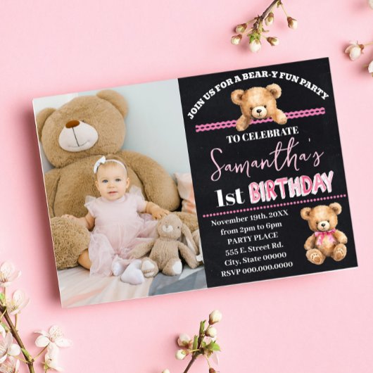 Invitation Pink Teddy Bear Anniversaire Beary Fun Anniversair