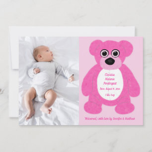 Invitation Pink Teddy Bear Baby Girl Annouement de naissance
