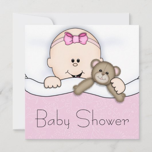 Invitation Pink Teddy Bear Baby Girl Douche (Devant)