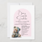 Invitation Pink Teddy Bear thème Aquarelle Premier anniversai (Devant)