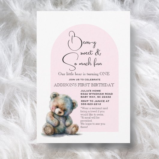 Invitation Pink Teddy Bear thème Aquarelle Premier anniversai
