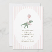 Invitation Pink Three Rex Dinosaur balloon Third Birthday (Devant)