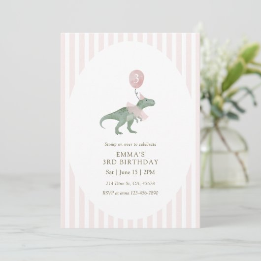 Invitation Pink Three Rex Dinosaur balloon Third Birthday (Debout devant)