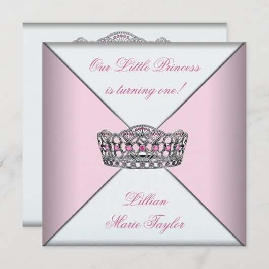 Invitation Pink Tiara Little Princesse Premier anniversaire (Devant / Derrière)
