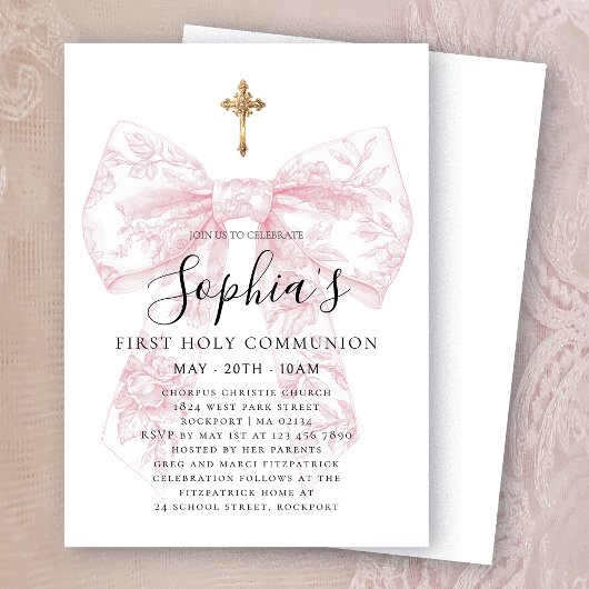 Invitation Pink Toile Bow Cross Girl First Communion