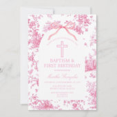 Invitation Pink Toile de Jouy Baptism & First Birthday Bow (Devant)