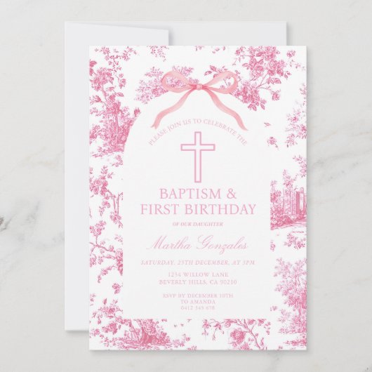Invitation Pink Toile de Jouy Baptism & First Birthday Bow (Devant)