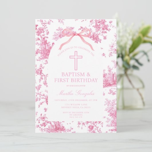Invitation Pink Toile de Jouy Baptism & First Birthday Bow (Debout devant)