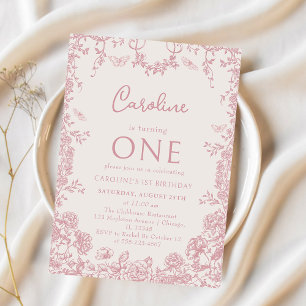 Invitation Pink Toile Floral Chinoiserie 1er anniversaire
