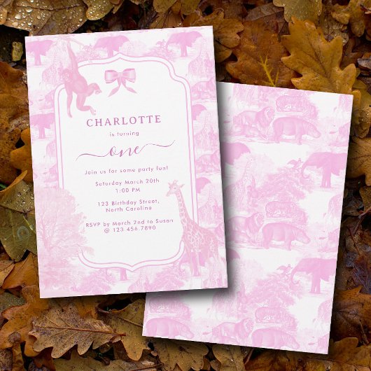 Invitation Pink Toile Safari Animaux Chinoiserie Anniversaire