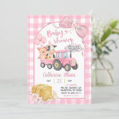 Invitation Pink Tractor Gingham Coquette Farm Baby Shower (Debout devant)