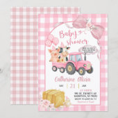 Invitation Pink Tractor Gingham Coquette Farm Baby Shower (Devant / Derrière)