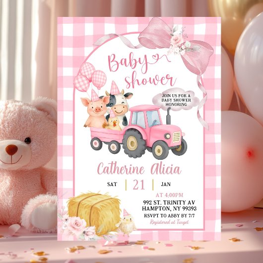 Invitation Pink Tractor Gingham Coquette Farm Baby Shower