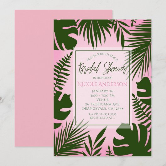 Invitation Pink Tropical Green Feuille Fête des mariées d'été (Devant / Derrière)