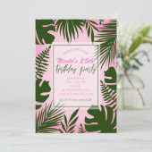 Invitation Pink Tropical Vert Feuilles été fête d'anniversair (Debout devant)