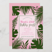 Invitation Pink Tropical Vert Feuilles été fête d'anniversair (Devant / Derrière)