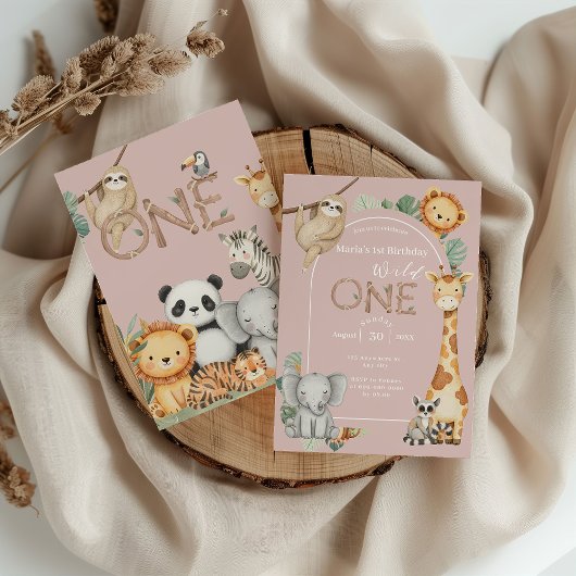 Invitation Pink Tropical Wild One Jungle Safari Animaux