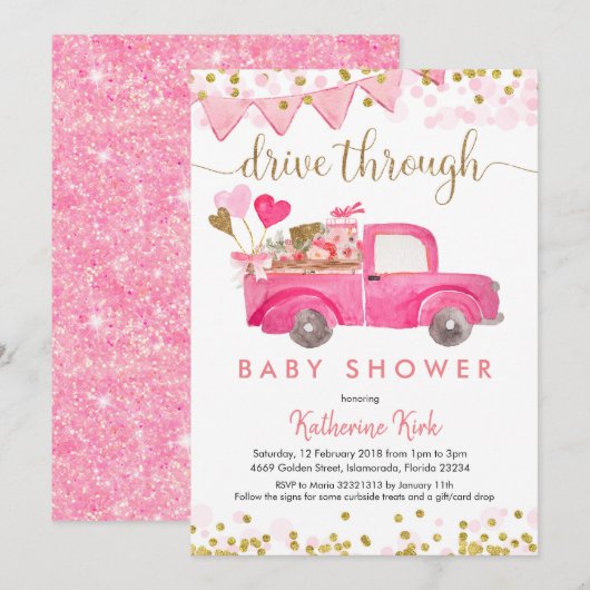 Invitation Pink Truck Drive À Travers Baby shower (Devant / Derrière)