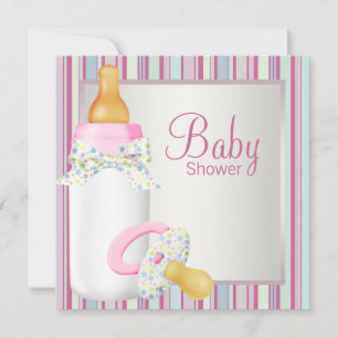 Invitation Pink Turquoise Baby Bottle Pacifier Baby Girl Douc