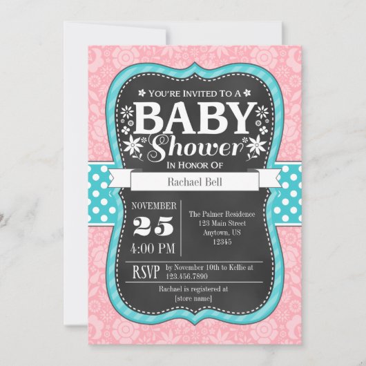 Invitation Pink Turquoise Chalkboard Floral Baby shower Invit (Devant)
