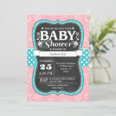 Invitation Pink Turquoise Chalkboard Floral Baby shower Invit (Debout devant)