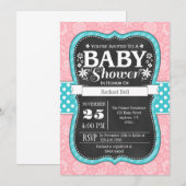 Invitation Pink Turquoise Chalkboard Floral Baby shower Invit (Devant / Derrière)