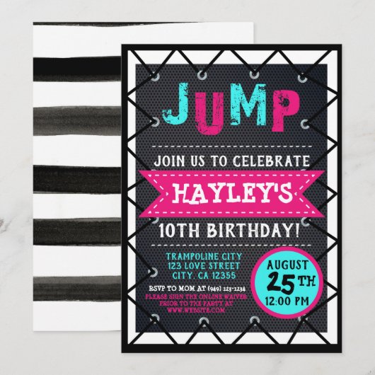 Invitation Pink Turquoise Girls Jump & Play Trampoline Park B (Devant / Derrière)