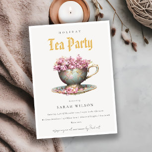 Invitation Pink Turquoise Gold Floral Teacup Fête Tea Party