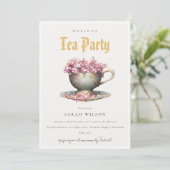 Invitation Pink Turquoise Gold Floral Teacup Fête Tea Party (Debout devant)